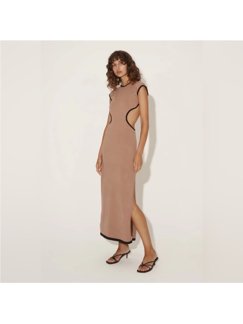 Sleeveless Tan Maxi Dress with Black Trim